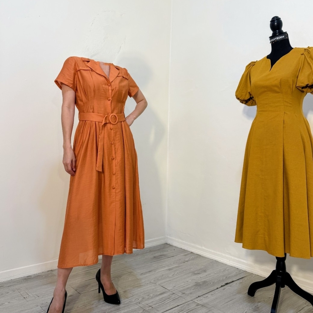 Elegant Mustard Puff Sleeve Dress - Picture 7 of 12